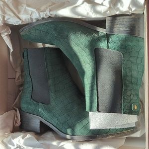Green snake print suede boots